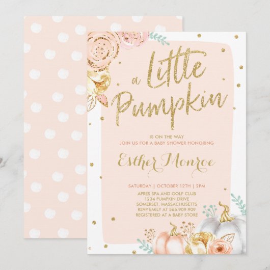 Pompoenen Baby shower Uitnodiging Blush Pink and G (Voorkant / Achterkant)