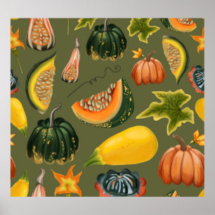 Pompoenen en bladeren: Herfstgroen Poster