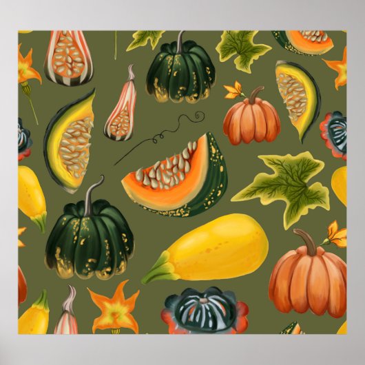 Pompoenen en bladeren: Herfstgroen Poster (Voorkant)
