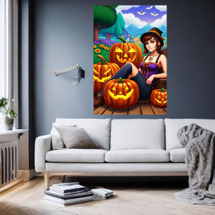 Pompoenen en een jonge dame AI Art Poster