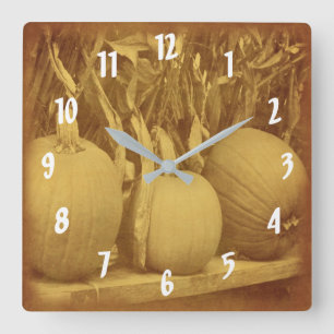 Pompoenen en gedroogde maïsstengels  vierkante klok