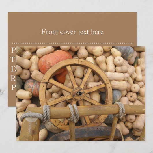 Pompoenen en wieltjes van de landelijke houten kar kaart (Voorkant / Achterkant)