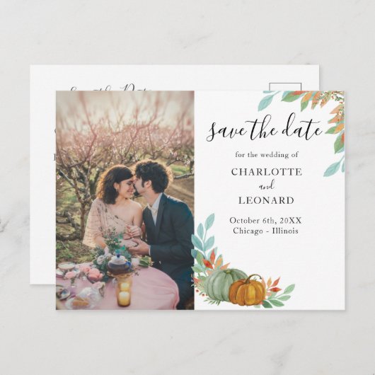 Pompoenen Herfst Bruiloft save the date foto Aankondigingskaart (Voorkant / Achterkant)