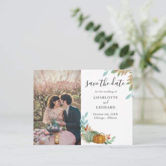 Pompoenen Herfst Bruiloft save the date foto Aankondigingskaart (Staand voorkant)