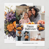 Pompoenen Paarse Oranje Bloemen Foto Halloween Kaa Feestdagenkaart (Voorkant / Achterkant)