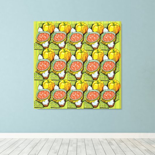 Pompoenen, soep en gestripte achtergrond canvas afdruk (Insitu (Houten vloer))