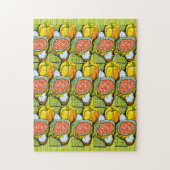 Pompoenen, soep en gestripte achtergrond legpuzzel (Verticaal)