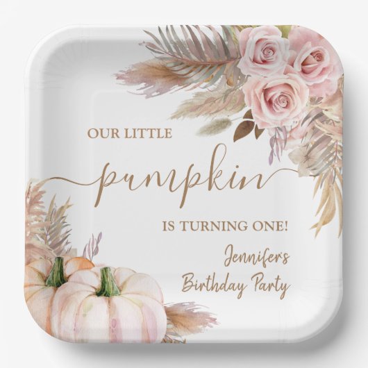 Pompoenen Waterverf Boho Meisjes Herfst 1e Verjaar Papieren Bordje (Voorkant)
