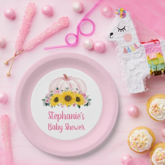 Pompoenen Zonnebloem Roze Herfst Baby shower Papieren Bordje (Feest)
