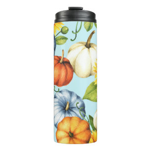 Pompoenen, zonnebloemen, waterverf illustratie thermosbeker