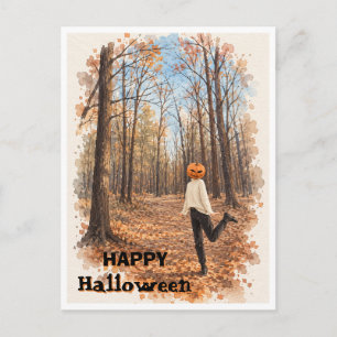 Pompoenhoofd in herfstbos watercolor ansichtkaart feestdagenkaart