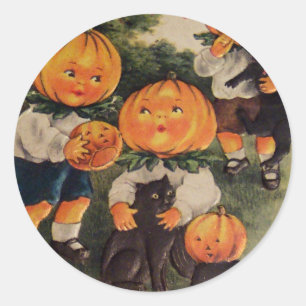 Pompoenhoofden (Oude Halloweenkaart) Ronde Sticker