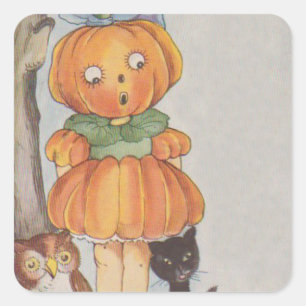 Pompoenkop Jack O Lantern Zwarte Kat Uil Vierkante Sticker