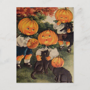 Pompoenkoppen Zwarte Kat (Oude Halloweenkaart) Briefkaart