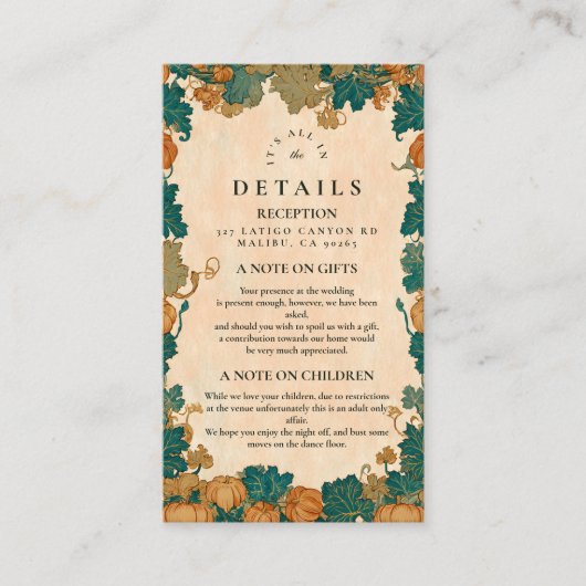 pompoenoogst bruiloft informatiekaartje (Voorkant)