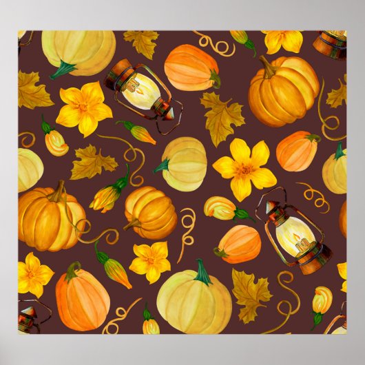 Pompoenoogst herfst Waterverf Pattern Poster (Voorkant)