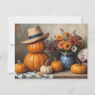Pompoenoogst op het platteland met bloemen briefkaart