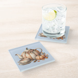 Pompoentheepot met Herfst Bloemen Illustratie Glazen Onderzetter