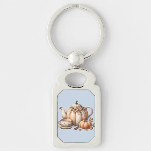 Pompoentheepot met Herfst Bloemen Illustratie Sleutelhanger (Voorkant)