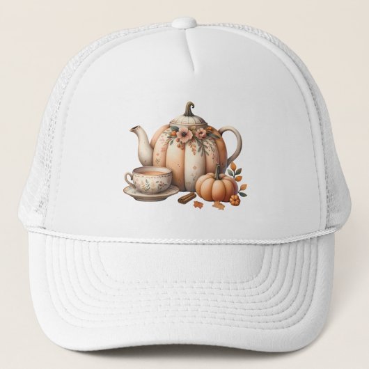 Pompoentheepot met Herfst Bloemen Illustratie Trucker Pet (Voorkant)