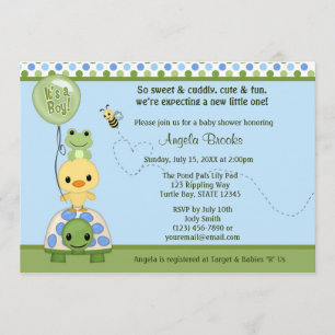 Pond Pals Duck Baby shower Invitation Frog Turtle Kaart