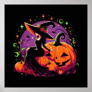 Pondering Witch assis sur une affiche Citrouille