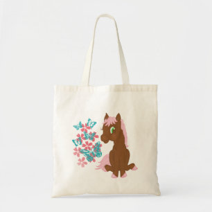 Poney Brown avec le sac de fleurs et de papillons
