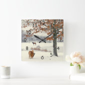 Poney et cheval dans la neige par une horloge de (Maison)
