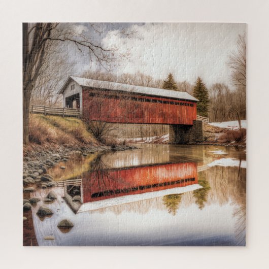 Pont couvert rouge au-dessus du puzzle fluvial (Vertical)