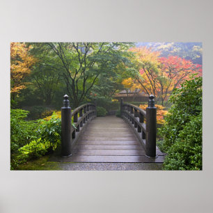 Pont en bois en affiche japonaise de jardin