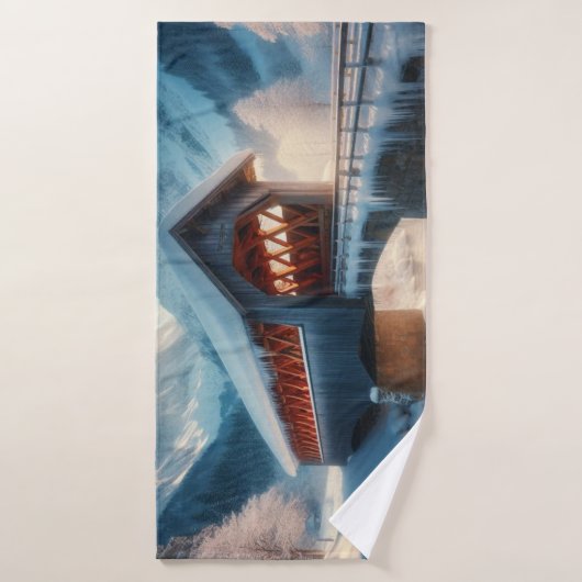 Pont hivernal enneigé & rivière (Serviette de bain)
