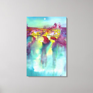 PONTE VECCHIO Florence bij Nacht Aquarel Canvas Afdruk