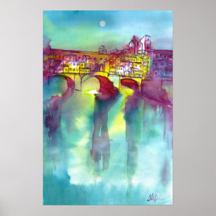 PONTE VECCHIO Florence bij Nacht Aquarel Poster
