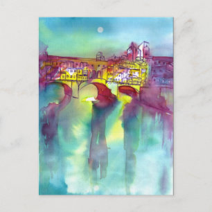 PONTE VECCHIO FLORENCE bij NACHT Waterverf Uitnodiging Briefkaart