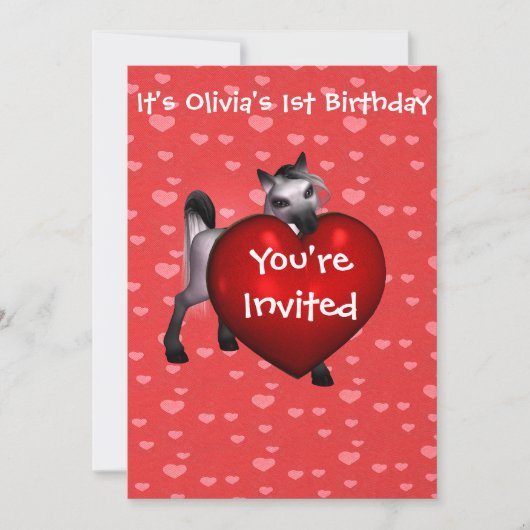 Pony blanc mignon avec invitation du coeur rouge (Devant)