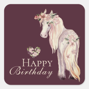 Pony en Bloemen Paard Happy Birthday Vierkante Sticker