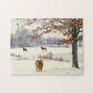 Pony en paarden op sneeuwveld legpuzzel