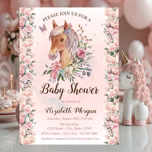 Pony Flowers Rose étoiles Baby shower Invitation