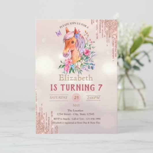  Pony Glitter Drips Bokeh Verjaardag Kaart (Staand voorkant)