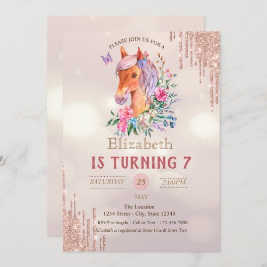  Pony Glitter Drips Bokeh Verjaardag Kaart (Voorkant / Achterkant)