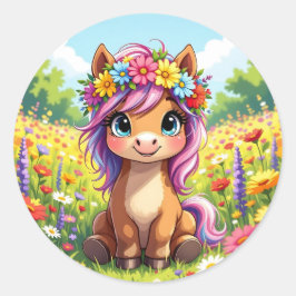 Pony met bloemen Ronde Sticker