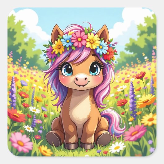 Pony met bloemen Vierkante Sticker (Voorkant)