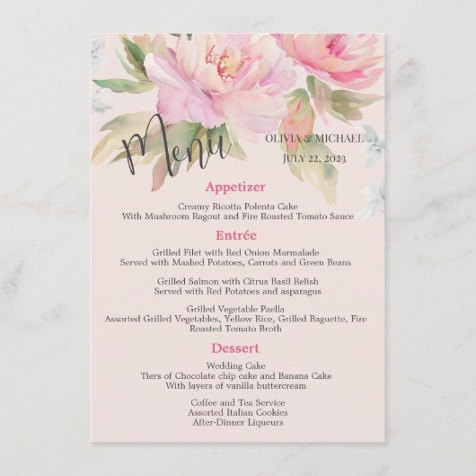 Pony rose Elegant Aquarelle Mariage Menu (Devant)