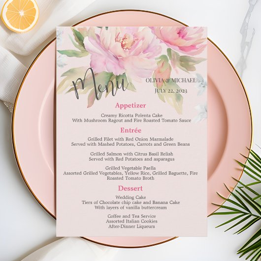 Pony rose Elegant Aquarelle Mariage Menu