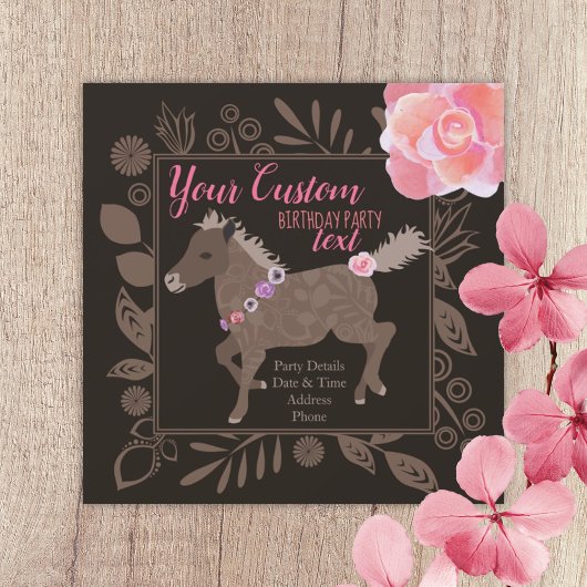 Pony rose et Brown Thème Anniversaire Invitation