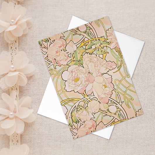 Pony rose Floral Alphonse Mucha Carte Note