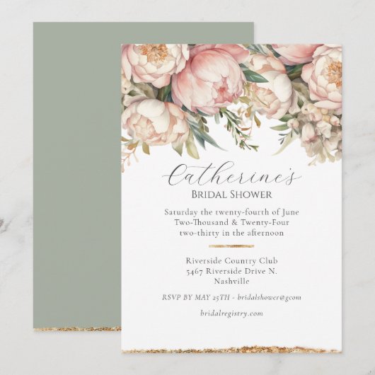 Pony rose Floral Green Bridal Douche Invitation (Devant / Derrière)