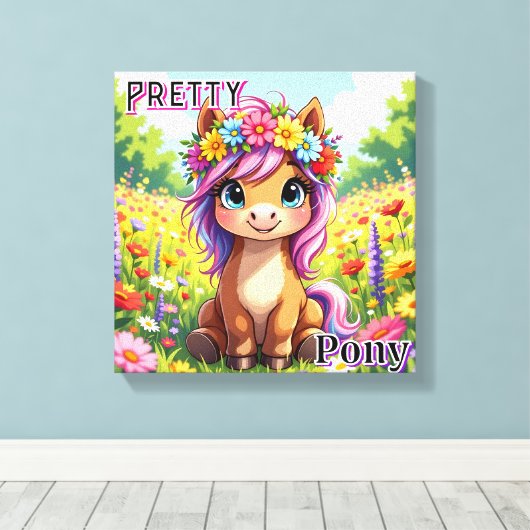 Pony | Schattigee Cartoon Kind Nursery Art Canvas Afdruk (Insitu (Houten vloer))