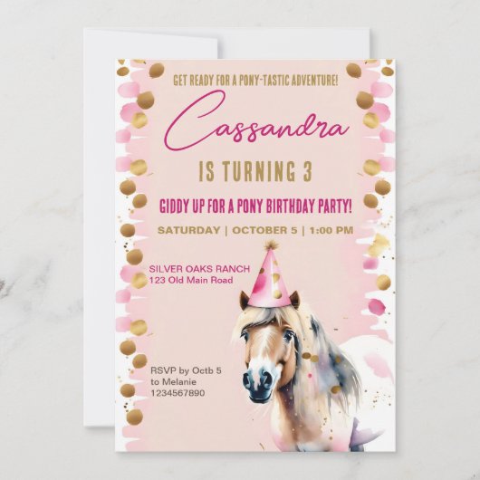 Pony verjaardagsfeestje schattige pony gouden stro kaart (Voorkant)