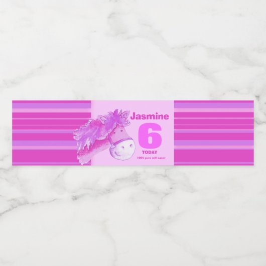 Pony waterverf art roze 6e verjaardag waterlabels waterfles etiket (Enkel label)